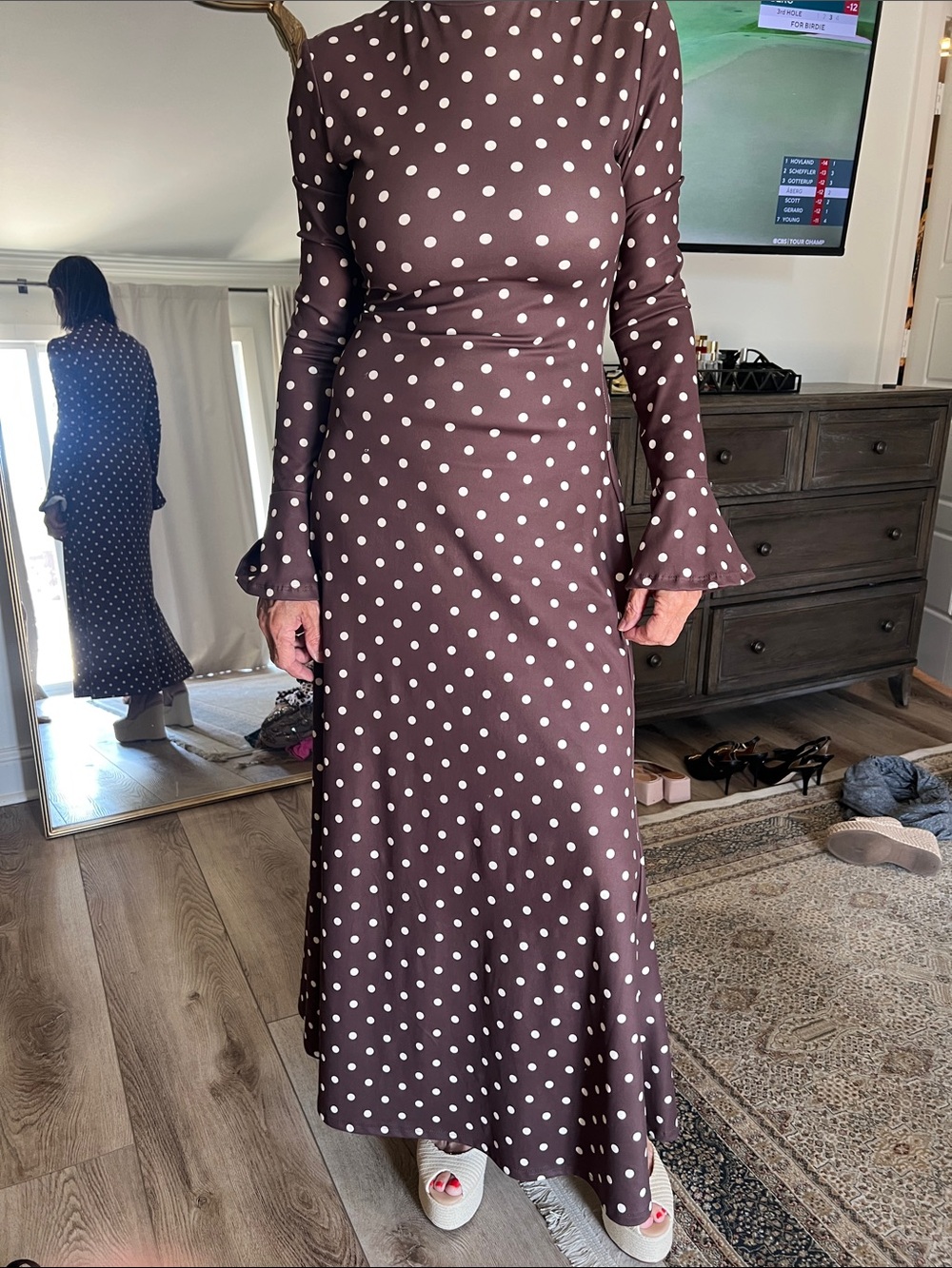 SHEIN Brown Polka Dot Long Sleeve Maxi Dress